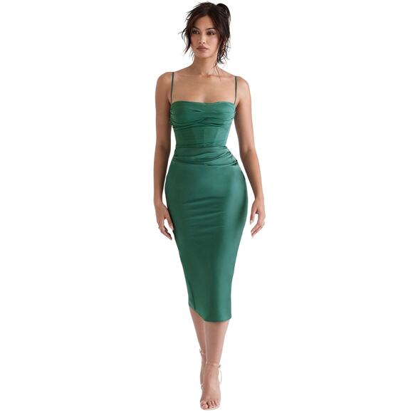 House Of CB Green Teia Satin & Georgette Corset Midi Dress Size Small - Picture 1 of 11